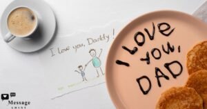 Good morning messages for dad greeting image featuring a coffee cup, child's drawing, and breakfast plate with chocolate syrup writing.