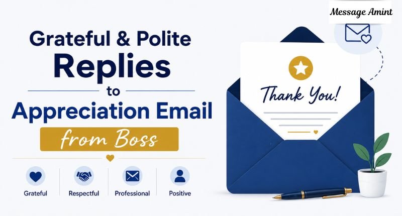 Grateful and polite replies to appreciation email from boss featured image with thank you letter in blue envelope.