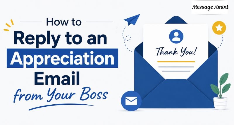 How to reply to an appreciation email from your boss – illustration of an open blue envelope with a thank you card, paper airplane and small plant, with Message Amint logo