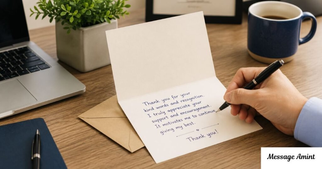 A person writes a professional thank-you message on a greeting card at a tidy office desk with a laptop, notebook, coffee mug, and potted plant, symbolizing workplace appreciation and gratitude.