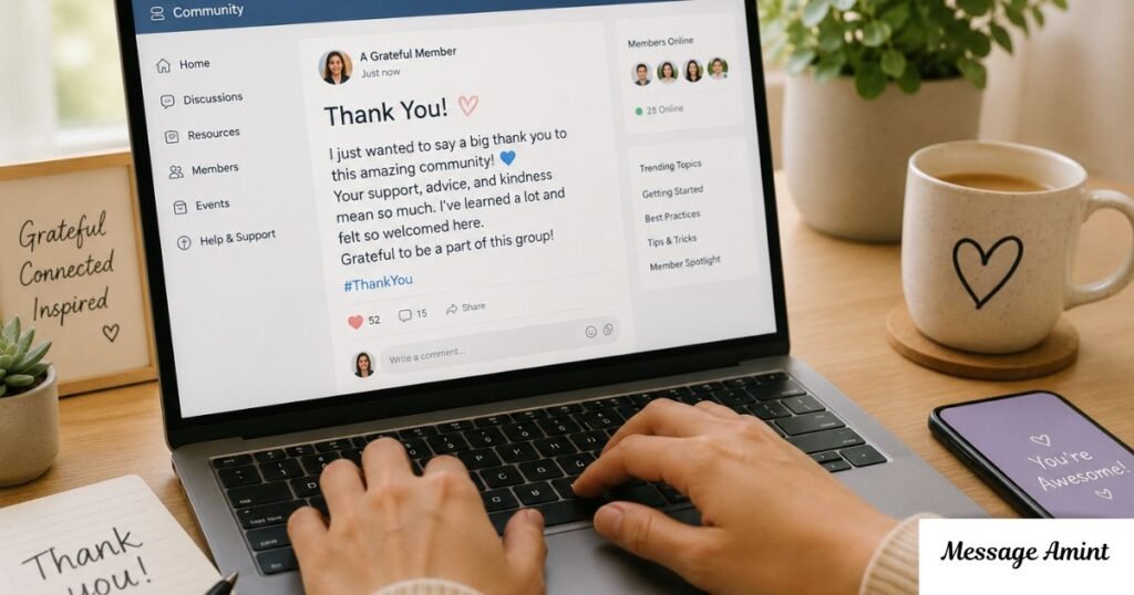 A person types a heartfelt thank-you message on a laptop displaying an online community forum, with a notebook, coffee mug, smartphone, and indoor plants on a cozy desk, symbolizing gratitude and positive online connections.
