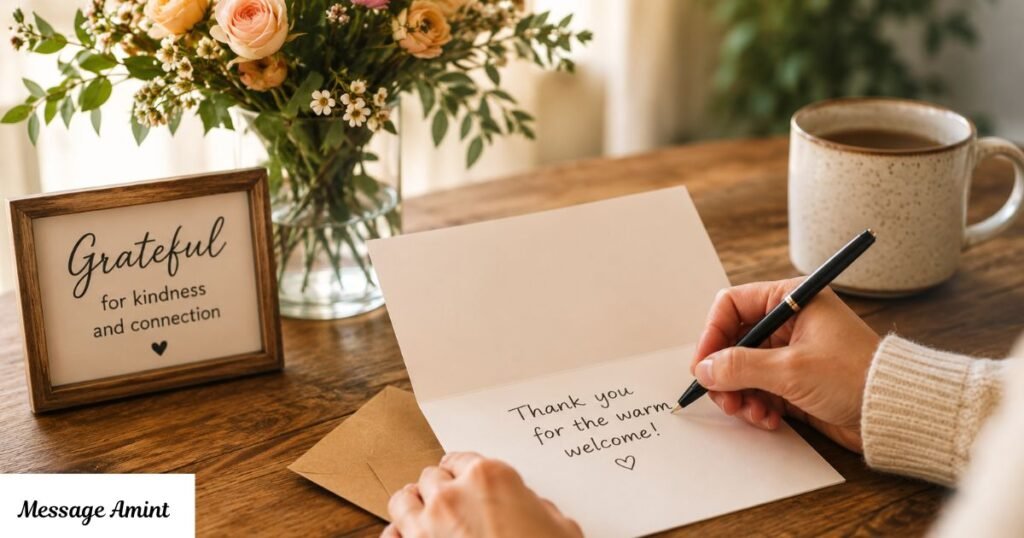A person writes a heartfelt thank-you note on a greeting card beside fresh flowers and a warm cup of coffee, creating a cozy atmosphere that reflects gratitude for a warm welcome.