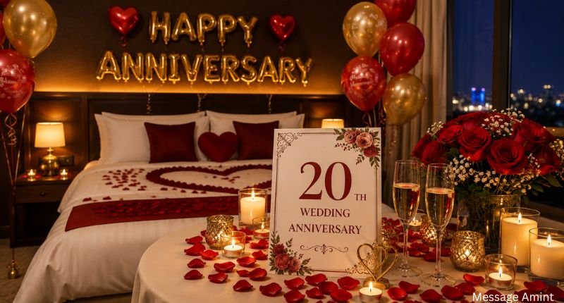 How to celebrate a 20th wedding anniversary with romantic hotel room setup and 20 wedding anniversary card