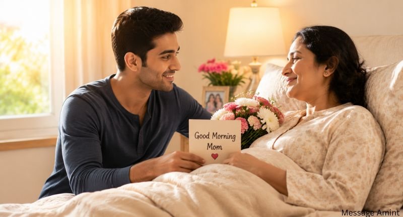 Caring son presenting flowers and a Good Morning card to his smiling mother in bed, capturing a respectful and heartfelt family moment.