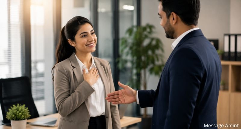 Thank you for warm welcome email featuring a new female employee thanking her manager in a professional office after joining a new job.