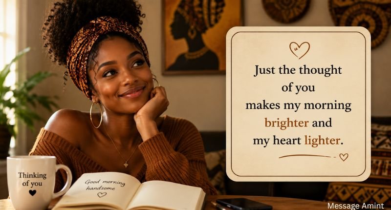 African American good morning quotes for him with smiling woman thinking about her loved one