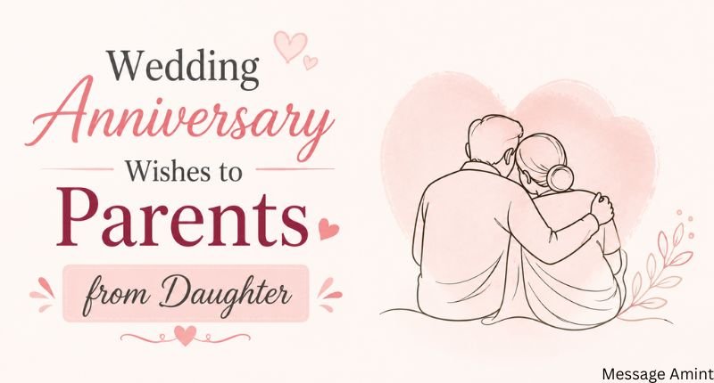 Wedding Anniversary Wishes to Parents from Daughter image with elegant typography and a loving couple illustration on a soft pastel anniversary background.