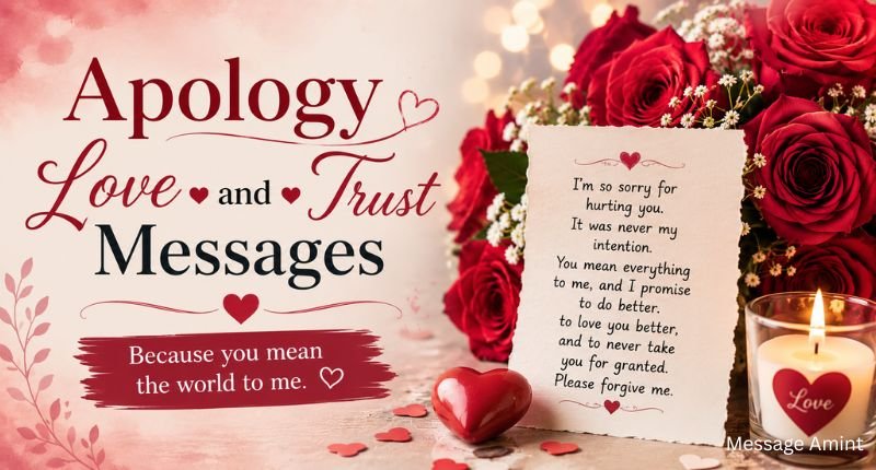 Apology Love and Trust Messages featuring apology letter, romantic roses, candle, heart decoration, and warm love background.