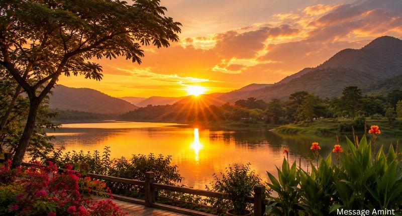 Beautiful sunrise good morning images with nature featuring a peaceful lake and mountain sunrise