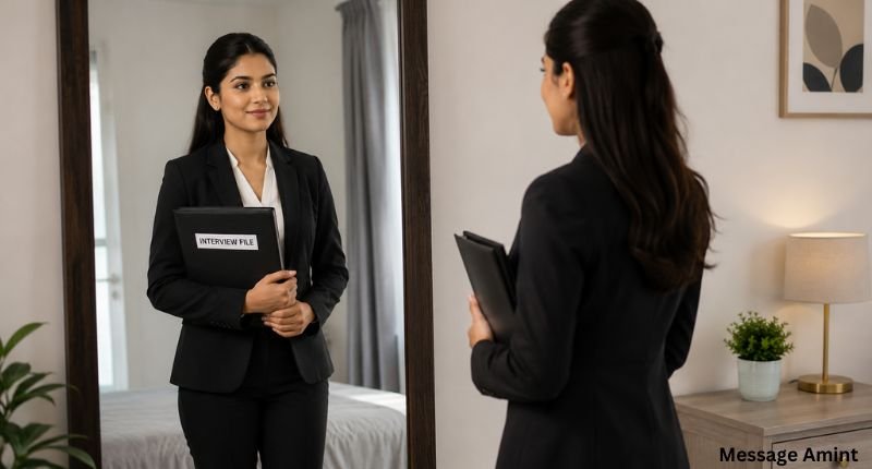 Confident woman in a formal pantsuit standing in front of a mirror while holding an interview file before an important interview.