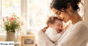 Loving mother gently cuddling her sleeping baby in a warm, sunlit home, symbolizing the blessing of motherhood and unconditional love.