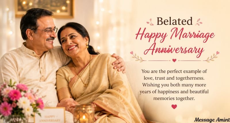 Smiling elderly couple sharing a joyful moment with a heartfelt anniversary message, representing Belated Anniversary Wishes for parents.