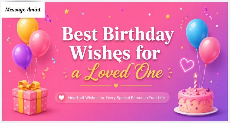 Best Birthday Wishes for a Loved One with colorful birthday balloons, gift box, cake, and festive pink celebration background.