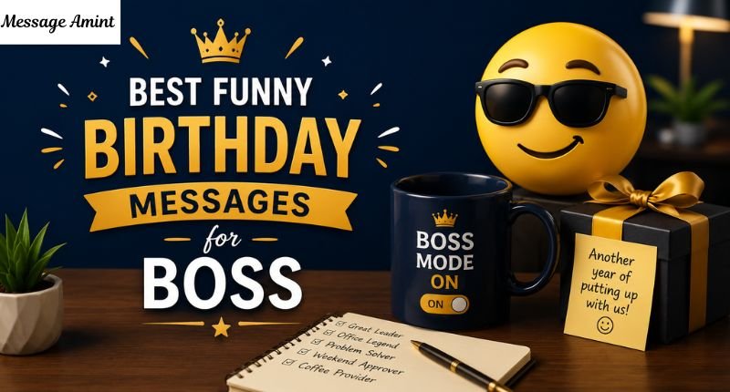 Best Funny Birthday Messages for Boss blog banner with sunglasses emoji and Boss Mode mug