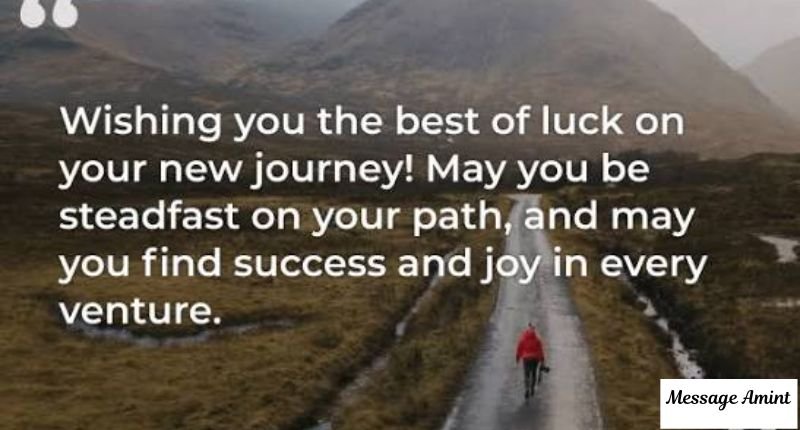 A scenic background showing a winding mountain path with a person in a red jacket walking, featuring a best of luck in your new journey message that reads: Wishing you the best of luck on your new journey! May you be steadfast on your path, and may you find success and joy in every venture.