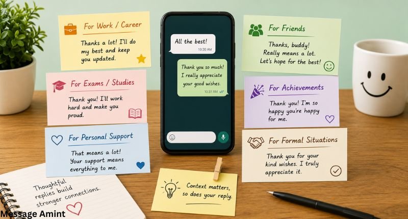 Different context-based all the best responses shown through conversation examples for professional, casual, and personal situations.