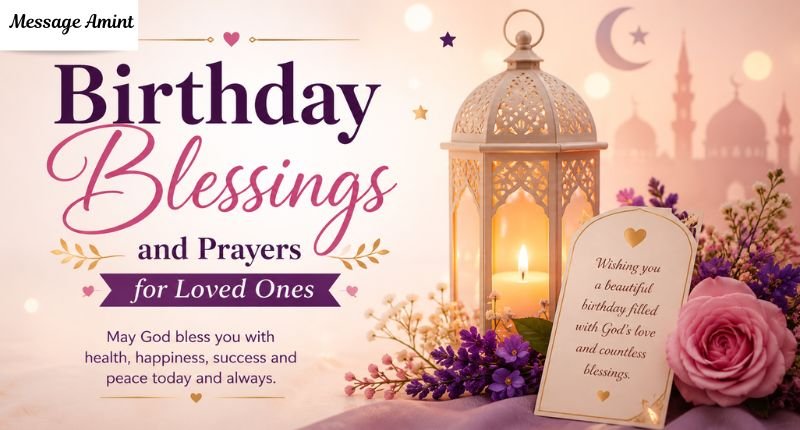 Birthday Blessings and Prayers for Loved Ones banner with glowing lantern, flowers, candlelight, and elegant spiritual birthday celebration design.
