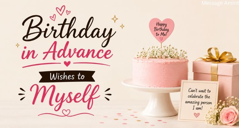 Birthday in Advance Wishes to Myself image featuring a beautiful birthday cake, gift box, flowers, and elegant typography in a simple pastel birthday-themed background.