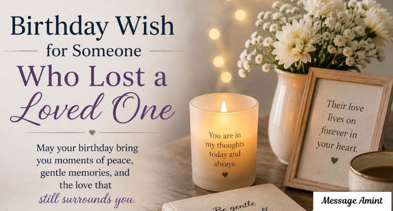 Birthday Wish for Someone Who Lost a Loved One featuring a comforting candle, white flowers, framed keepsake, notebook, and a peaceful sympathy-themed birthday setting.