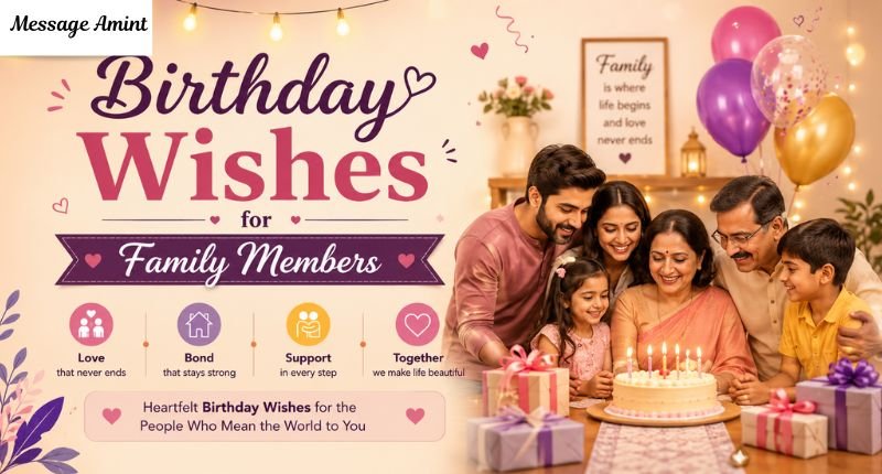 Birthday Wishes for Family Members banner featuring a happy family celebrating with birthday cake, balloons, gifts, and warm festive decorations.