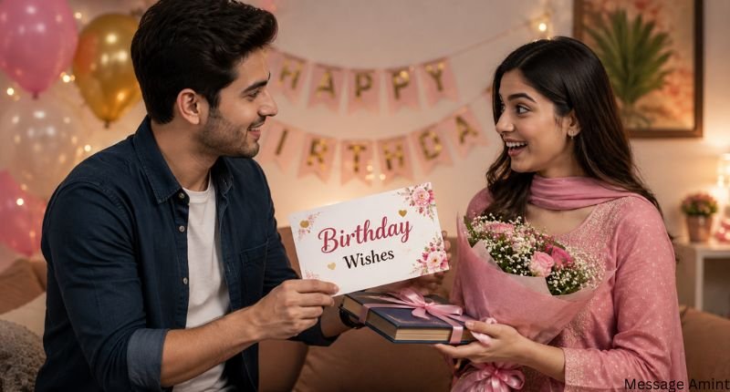 Birthday Wishes for Sali in English with jiju giving a birthday card and flower bouquet to his sali