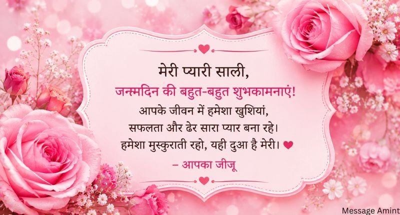 Birthday Wishes for Sali in Hindi from Jiju quote card with pink floral background and heartfelt Hindi message
