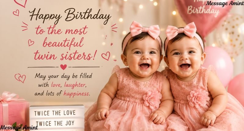 Twin brother and sister sitting together with birthday balloons, a gift box, and a simple birthday greeting celebrating their special bond.