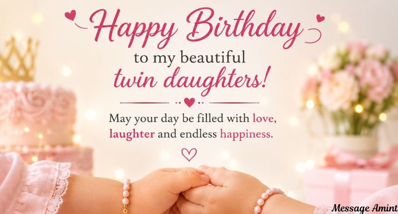 Close-up of twin daughters holding hands with a loving birthday quote, surrounded by soft pink birthday decorations and a warm, heartwarming atmosphere.