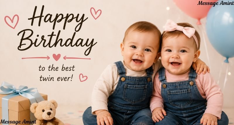 Smiling twin baby girls in matching pink dresses celebrating their birthday with balloons, gifts, and a sweet birthday message full of love.