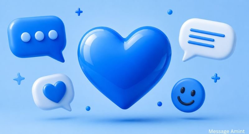 Blue heart emoji slang and definition with digital chat bubbles and social media symbols