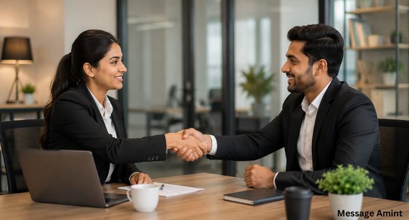 Professional handshake between two business professionals in a modern office, representing trust and long-term positive impressions.