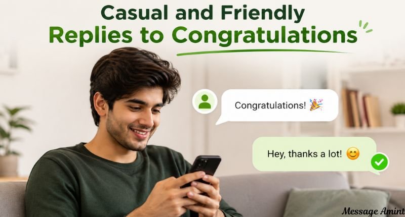 A smiling young man sending a friendly text message on his smartphone with the heading 'Casual and Friendly Replies to Congratulations.' The clean, modern image illustrates a warm and casual response to congratulations in a relaxed indoor setting.