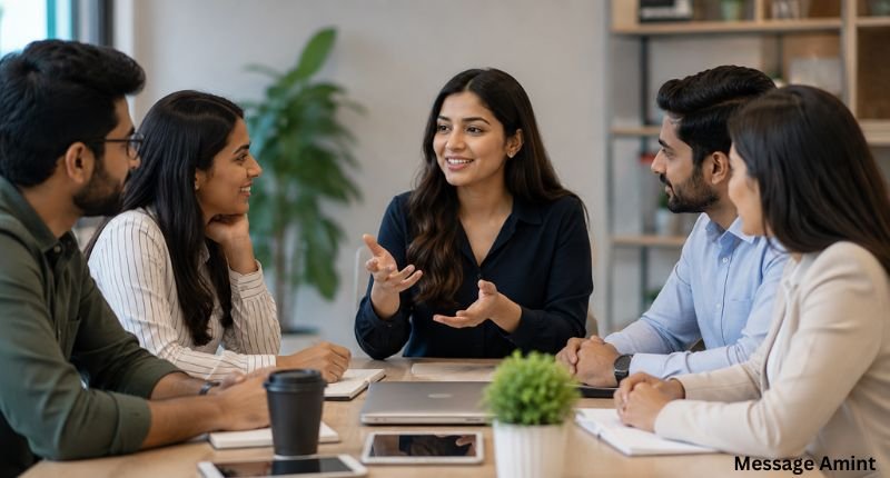 Professional woman having a friendly discussion with coworkers during a casual team meeting in the office.