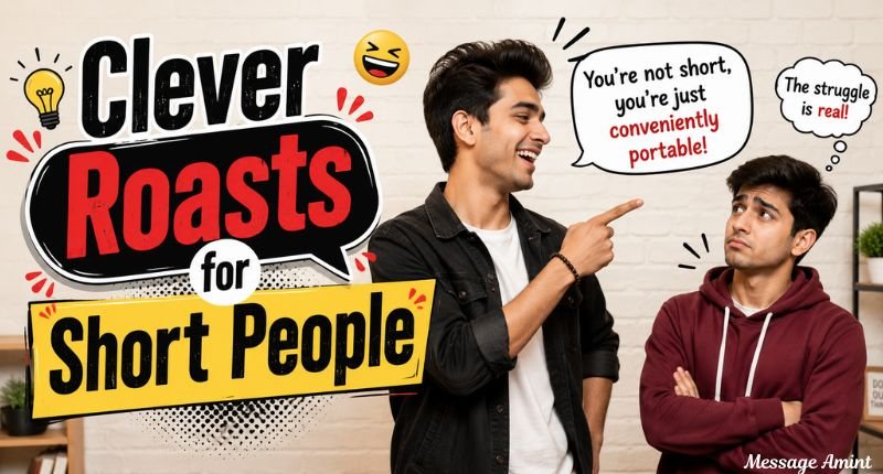 Clever Roasts for Short People image showing one friend delivering a witty roast while the shorter friend reacts with a funny expression in a playful conversation.