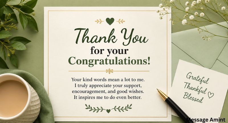 Best Word for Congratulation Reply featuring a heartfelt thank you message on a soft green background with elegant floral elements and a gratitude card.