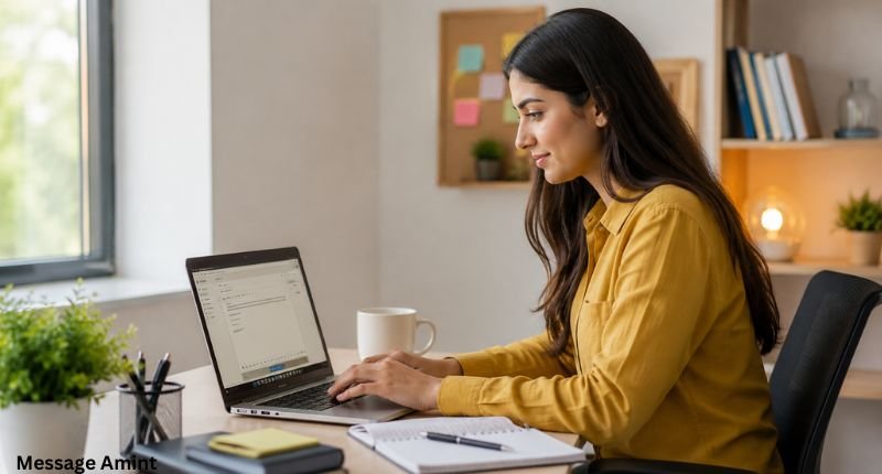 Young professional woman writing an email on her laptop in a modern workspace with a clean office setup.