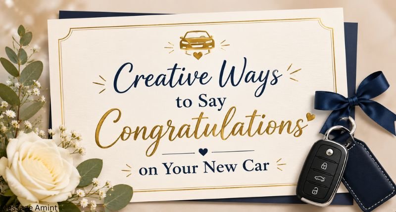 Creative ways to say congratulations on your new car greeting card with elegant typography, flowers, and car keys.
