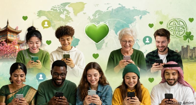 Diverse people from different cultures and generations connected through green heart emoji communication.