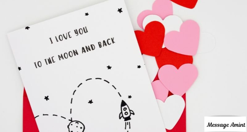 A cute rocket-themed love card surrounded by red and pink paper hearts, ideal for cute and funny messages to bring a smile to your sister-in-law's face.