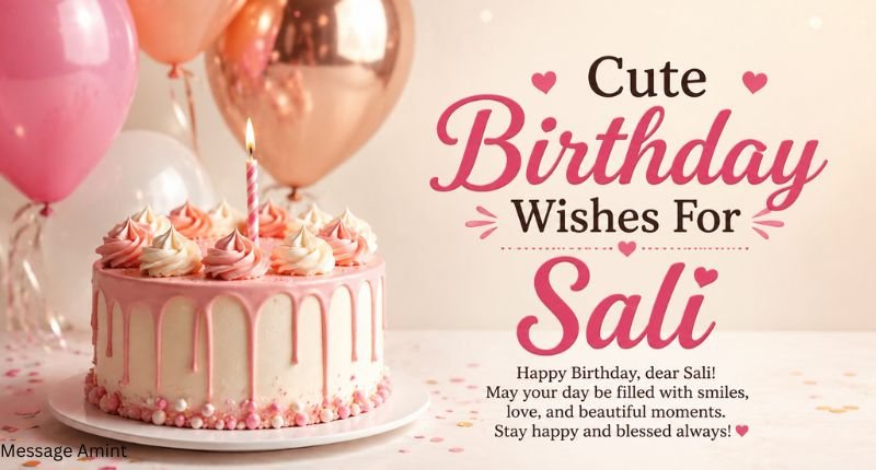 Cute Birthday Wishes for Sali quote card with pink birthday cake and soft balloon background