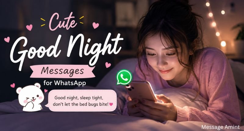 Cute Good Night Messages for WhatsApp featuring a smiling girl sending a sweet WhatsApp good night message from her phone.