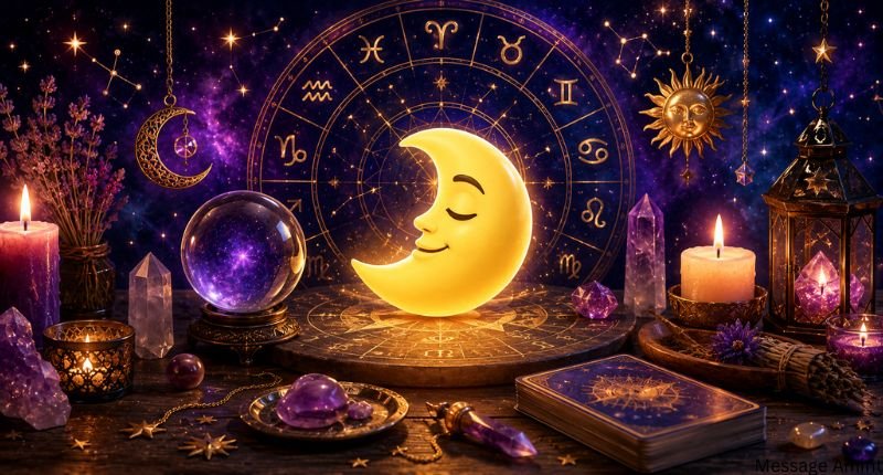 Mystical astrology scene featuring a glowing moon emoji, zodiac wheel, candles, crystals, tarot cards, and celestial symbols against a cosmic purple night sky.