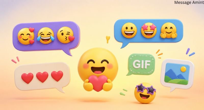 Colorful emojis, GIF icon, and chat bubbles showing fun reactions for good morning text responses.