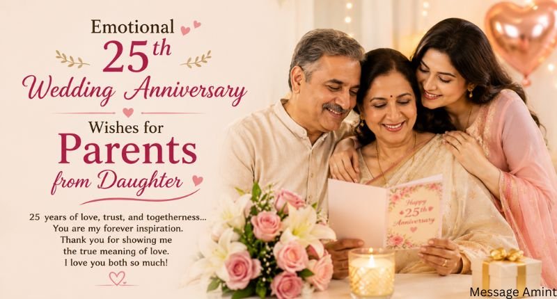 Emotional 25th Wedding Anniversary Wishes for Parents from Daughter image featuring a daughter sharing a heartfelt anniversary moment with her parents during their silver jubilee celebration.