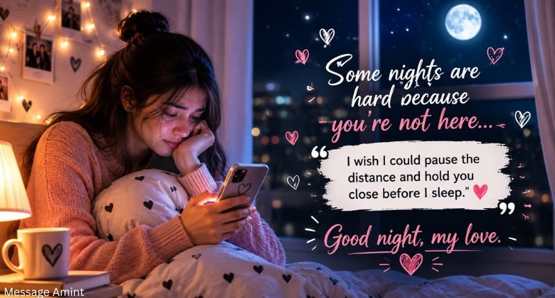 Emotional good night message quote with a girl sending a heartfelt text at night