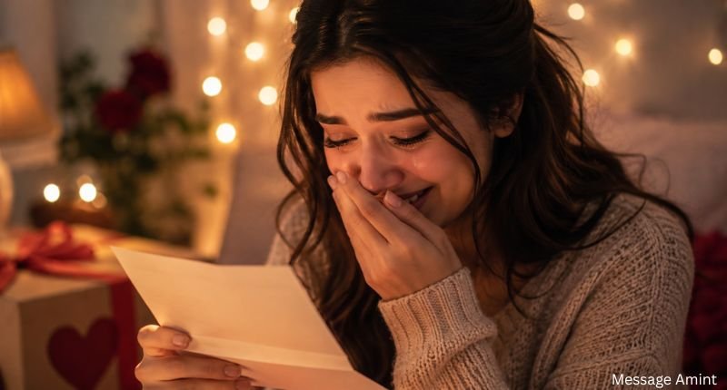 Deep love messages for her showing a joyful woman reading a heartfelt love letter with happy tears.