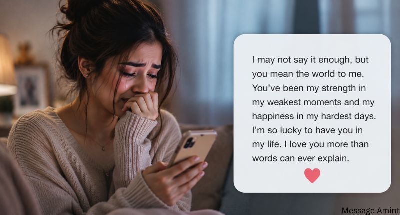 Emotional love messages for him showing a woman crying while reading a touching SMS on her phone.