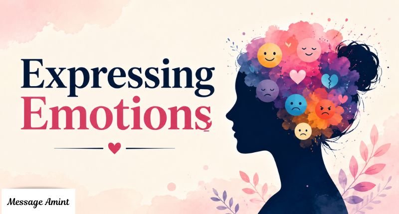 Expressing emotions illustration showing woman silhouette with colorful mood icons and heart