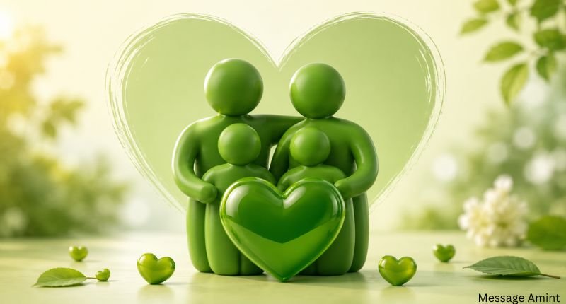 Family gathered around a green heart symbol representing love, care, unity, and strong family bonds.