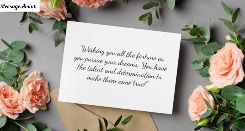 Inspirational good luck card for pursuing dreams with peach roses and eucalyptus leaves